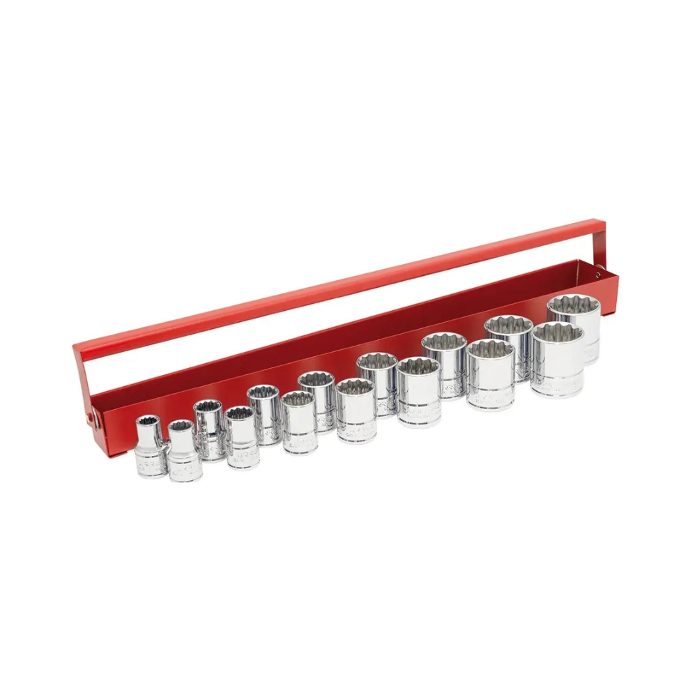 Juego de dados cuadro de 1/2", 12 puntas, en pulgadas, caja porta dados, 15 piezas Urrea