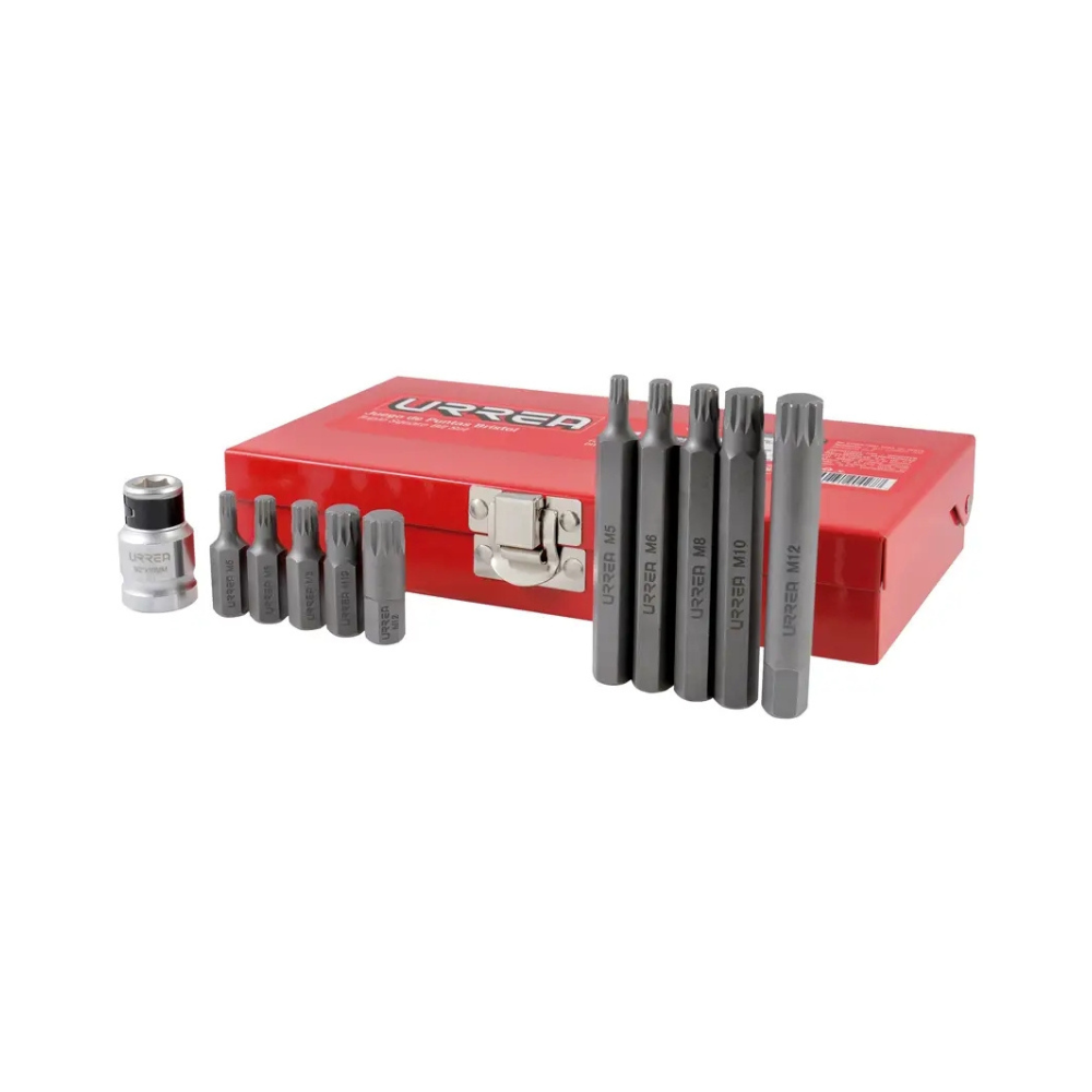 Juego de puntas Bristol hexágono de 3/8" con adaptador, 11 piezas en caja metálica Urrea
