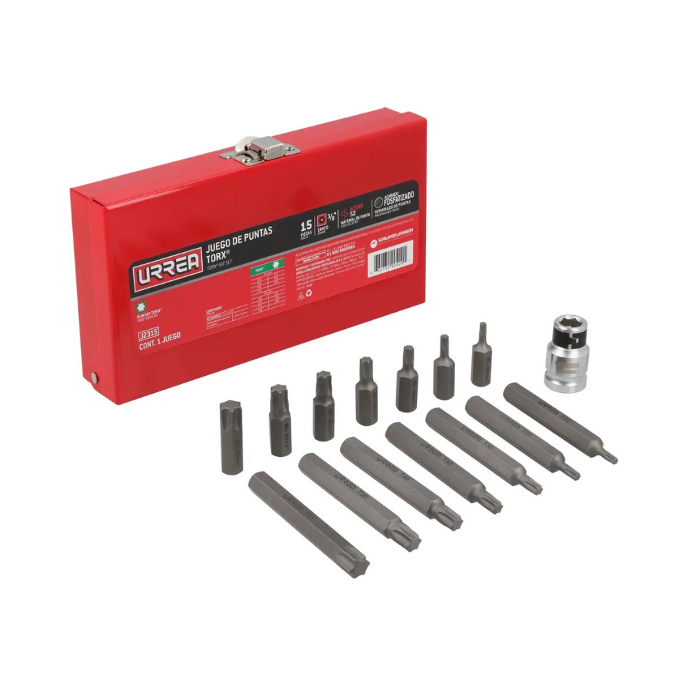 Juego de puntas Torx hexágonode 3/8" con adaptador, 15 piezas en caja metalica URREA