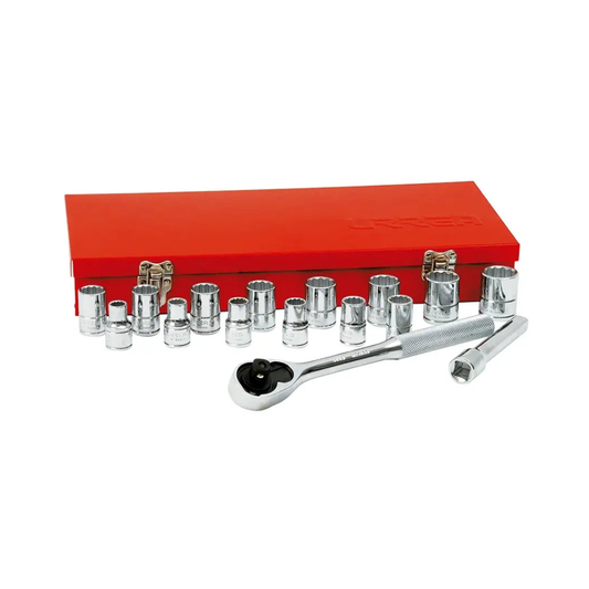 Juego de dados y accesorios cuadro de 1/2" métrico caja metálica, 17 piezas Urrea